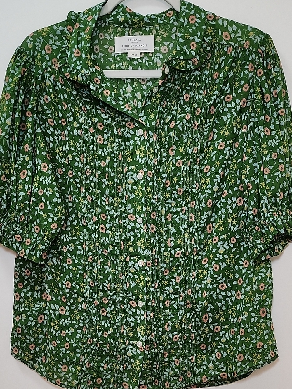 Anthropologie Trovata Romantic Green Floral Pintuck Button-Down Blouse Size L - Picture 7 of 16